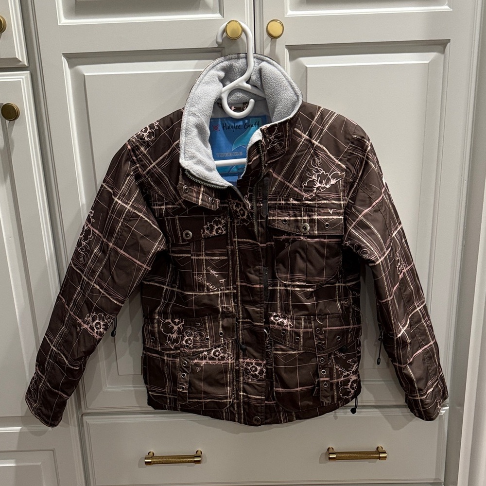 Plaid and floral Brown/pink Kids ski Jacket. Size medium